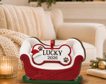 Personalized Dog Sleigh 2D FLAT Wooden Block Sign, Custom Pet Dog Name Bone Christmas Tabletop Decor, Dog Mom Gift JDP119-WB