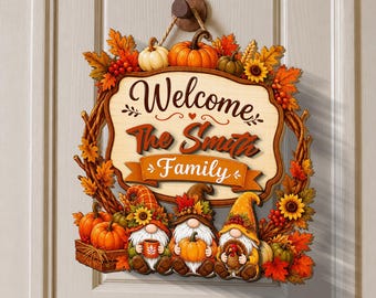 Custom Family Name Fall Gnomes Door Sign Wreath Layered Wood Pumpkin Harvest Decor JDPK12