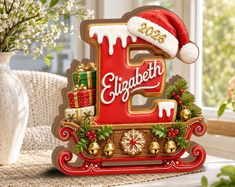 Personalized Initial Monogram Sleigh 2D FLAT Wooden Block Sign, Custom Name Santa Sleigh Christmas Decor JDP117-WB