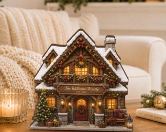 Personalized Christmas Cottage Wooden Block, Custom Family Holiday Decor, Rustic Christmas Gift JDPZ20-03-WB