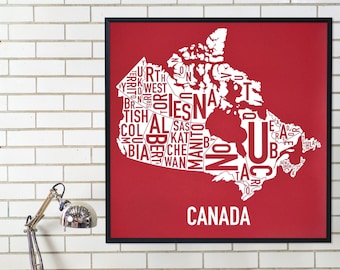 Canada Provinces & Territories Typography Map Print, Original Artist of Type City Map Designs, Canada Map Artwork