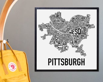 Pittsburgh Neighborhood Map Poster or Print, Original Artist of Type City Neighborhood Map Designs, Pittsburgh Typography Map Art
