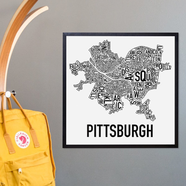 Affiche ou impression de carte de quartier de Pittsburgh, artiste original de type City Neighborhood Map Designs, Pittsburgh Typography Map Art