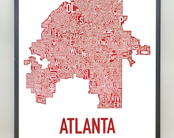 Atlanta Neighborhood Map Poster or Print, Original Artist of Type City Neighborhood Map Designs, Atlanta Typography Map Art