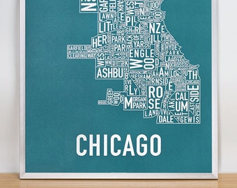 Chicago Neighborhood Map Poster, The Original Chicago Neighborhood Type Map Print, Chicago Typographic Map, Chicago Map Poster