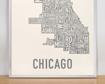 Chicago Neighborhood Map Screen Print, Original Chicago Typographic Neighborhood Map Design, Chicago Type Map Artwork, Chicago Poster