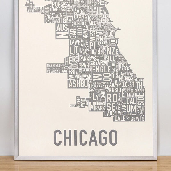 Chicago Neighborhood Map Screen Print, Original Chicago Typographic Neighborhood Map Design, Chicago Type Map Artwork, Chicago Poster