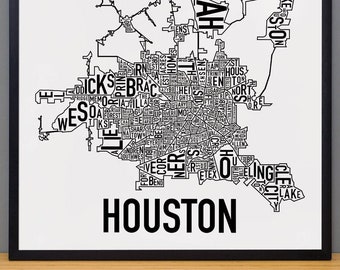 Houston Neighborhoods Map Poster or Print / Houston Pride Wall Art / Houston Housewarming Gift / Houston Type Map Design