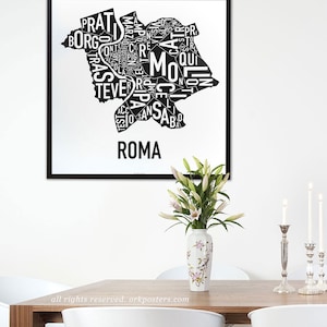 Rome Neighborhoods, Rioni di Roma Typography Map Poster or Print, Original Artist of Type City Map Designs, Rome Typography Map Art