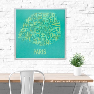 Paris Arrondissements Carte Poster ou Imprimer, Original Artist of Type City Neighborhood Map Designs, Typography Map Art