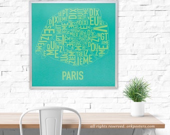 Paris Arrondissements Map Poster or Print, Original Artist of Type City Neighborhood Map Designs, Typography Map Art