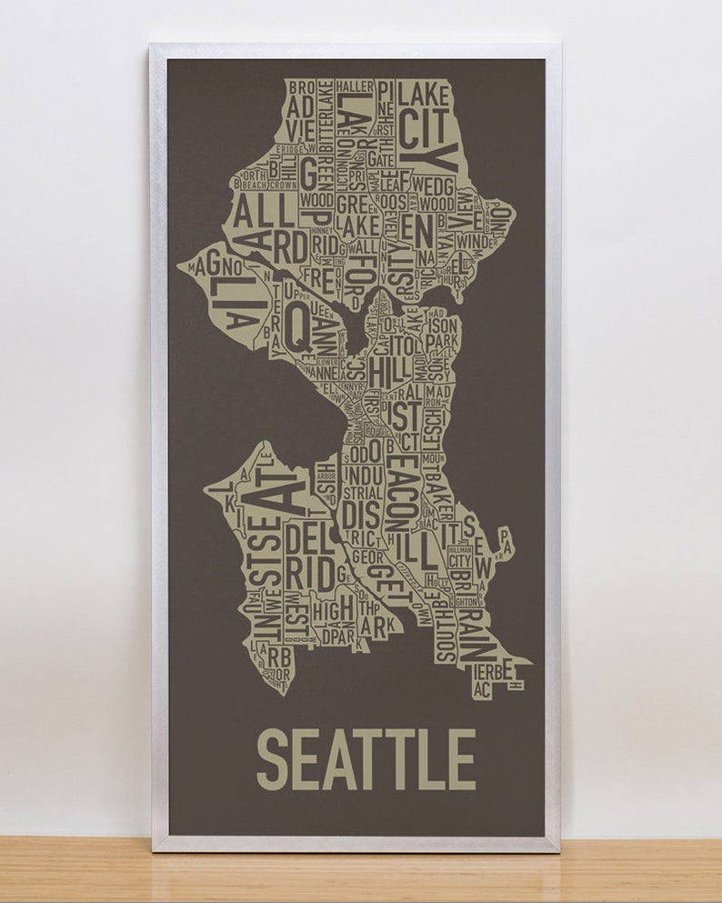 Seattle Neighborhood Map Poster or Print, Original Artist of Type City Neighborhood Map Designs, Seattle Map Art, Seattle Housewarming Gift Brown/Tan Print