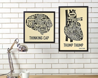 Tipografia cerebrale Anatomia Art Poster o serigrafia, Regalo di laurea, Regalo medico, Opera d'arte per l'arredamento dell'ufficio, Opera d'arte del cervello