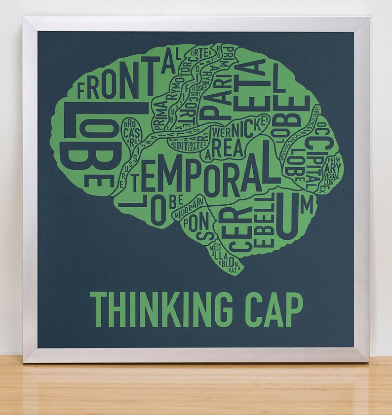 Brain Typography Anatomy Art Poster or Screen Print, Graduation Gift, Doctor Gift, Office Decor Artwork, Brain Artwork 12.5x12.5 Navy Print