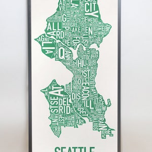 Seattle Neighborhood Map Poster or Print, Original Artist of Type City Neighborhood Map Designs, Seattle Map Art, Seattle Housewarming Gift Grey/Green Poster