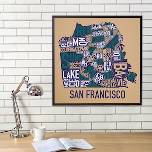 Affiche de la carte du quartier de San Francisco, la carte typographique originale du quartier de San Francisco, carte de type San Francisco