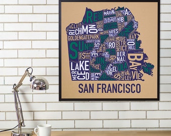 San Francisco Neighborhood Map Poster, the original San Francisco Typographic Neighborhood Map, San Francisco Type Map