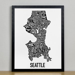 Seattle Neighborhood Map Poster or Print, Original Artist of Type City Neighborhood Map Designs, Seattle Map Art, Seattle Housewarming Gift Inverse B&W Poster