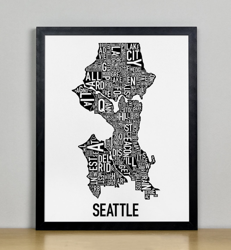 Seattle Neighborhood Map Poster or Print, Original Artist of Type City Neighborhood Map Designs, Seattle Map Art, Seattle Housewarming Gift Inverse B&W Poster