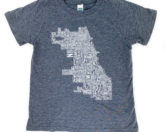 Chicago Neighborhood Type Map Kids T-Shirt, Original Artist of Type City Map Designs