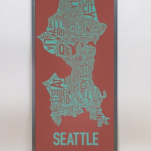 Seattle Neighborhood Map Poster or Print, Original Artist of Type City Neighborhood Map Designs, Seattle Map Art, Seattle Housewarming Gift Brick Red/Teal Print