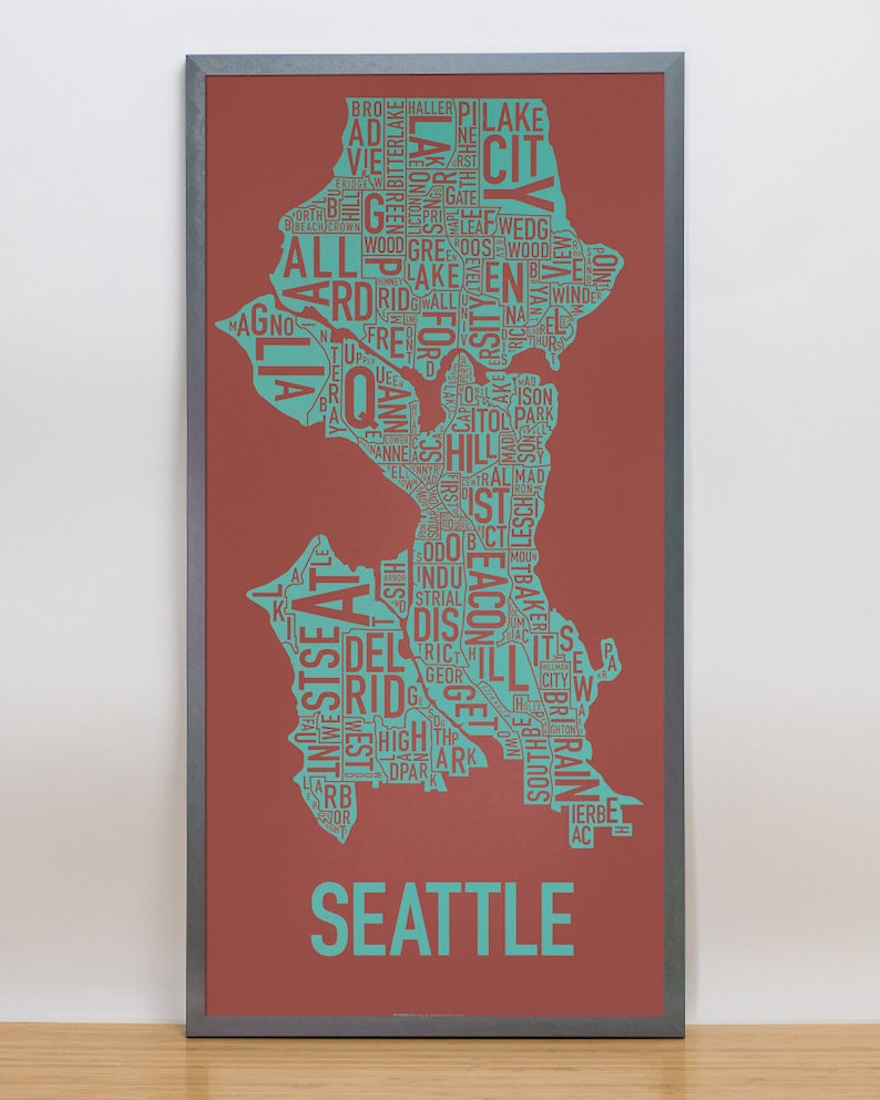 Seattle Neighborhood Map Poster or Print, Original Artist of Type City Neighborhood Map Designs, Seattle Map Art, Seattle Housewarming Gift Brick Red/Teal Print