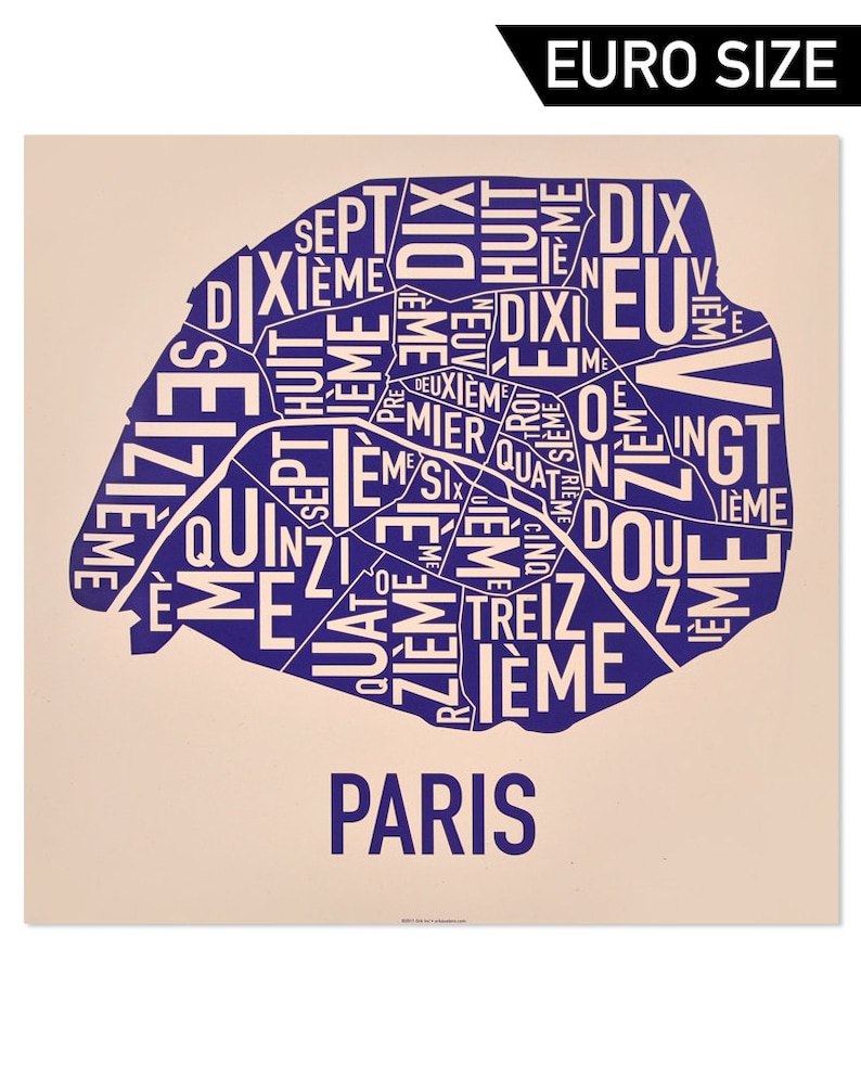 May include: A purple and white typographic map of Paris, France. The map is shaped like the city and includes the names of the different arrondissements, or districts, of Paris. The text "Paris" is printed below the map.