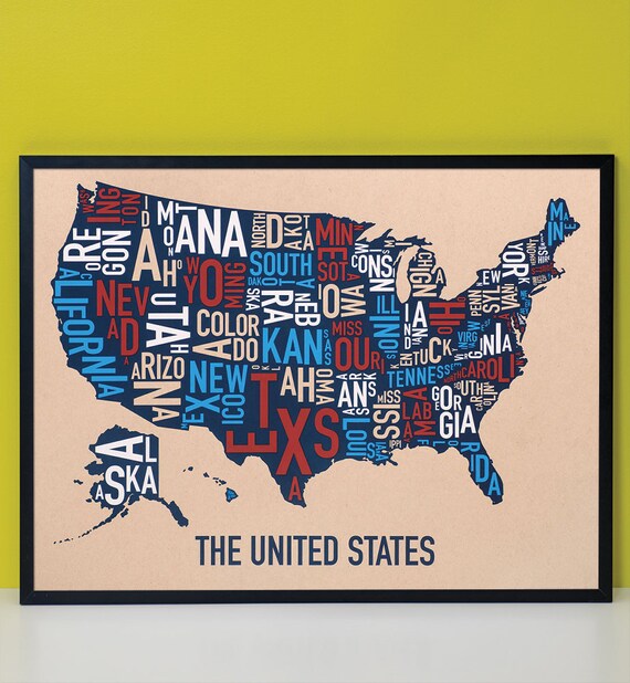 アメリカ合衆国のタイポグラフィ州地図ポスターまたはプリント、タイプ