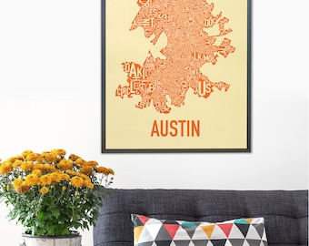 Austin Neighborhood Map Poster or Print, Original Artist of Type City Neighborhood Map Designs, Typography Map Art