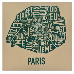 May include: A green and beige map of Paris, France, with the names of the city's districts, or arrondissements, written in French. The districts are numbered from 1st to 20th. The map is titled "Paris" in green text.