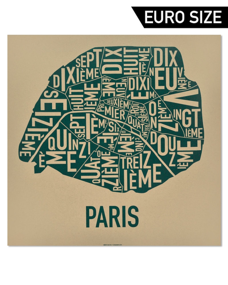 May include: A green and beige map of Paris, France, with the names of the city's districts, or arrondissements, written in French. The districts are numbered from 1st to 20th. The map is titled "Paris" in green text.