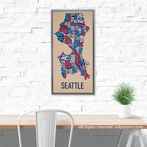 Affiche ou impression de carte de quartier de Seattle, Artiste original de type Conception de carte de quartier de ville, Art de la carte de Seattle, Cadeau de pendaison de crémaillère de Seattle