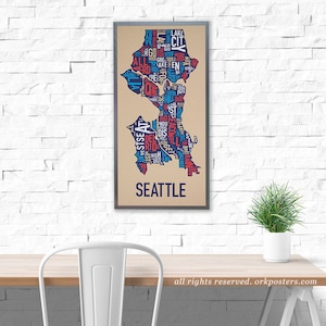 Seattle Neighborhood Map Poster or Print, Original Artist of Type City Neighborhood Map Designs, Seattle Map Art, Seattle Housewarming Gift image 1