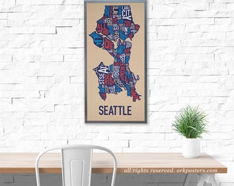 Seattle Neighborhood Map Poster or Print, Original Artist of Type City Neighborhood Map Designs, Seattle Map Art, Seattle Housewarming Gift