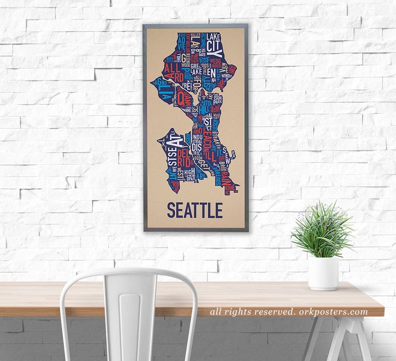 Seattle Neighborhood Map Poster or Print, Original Artist of Type City Neighborhood Map Designs, Seattle Map Art, Seattle Housewarming Gift image 1