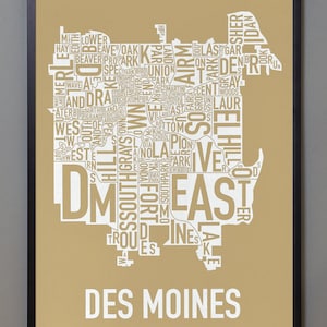 Carte typographique du quartier de Des Moines, Des Moines Iowa Artwork, Iowa Wall Art