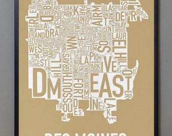 Des Moines Typographic Neighborhood Map, Des Moines Iowa Artwork, Iowa Wall Art