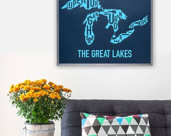 Great Lakes Typography Map Poster, Print or Letterpress, Original Artist of Type City Map Designs, Typography Map Art