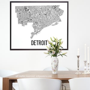 Detroit Neighborhood Map Poster or Print, Original Artist of Type City Neighborhood Map Designs, Typography Map Art