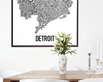 Detroit Neighborhood Map Poster or Print, Original Artist of Type City Neighborhood Map Designs, Typography Map Art