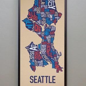Seattle Neighborhood Map Poster or Print, Original Artist of Type City Neighborhood Map Designs, Seattle Map Art, Seattle Housewarming Gift Tan Multi Print