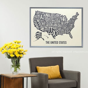 Cartel o impresión de mapas estatales de tipografía de los Estados Unidos de América, artista original de diseños de mapas de ciudades tipográficas, arte de mapas tipográficos
