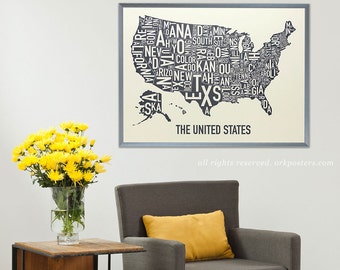 United States of America Typography State Map Poster or Print, Original Artist of Type City Map Designs, Typography Map Art