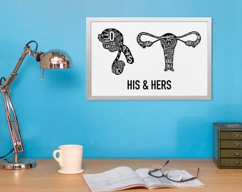 Reproductive Anatomy Typographic Art, Sexual Anatomy Artwork, Feminism Artwork, Gay Couple Artwork, Doctor Gift