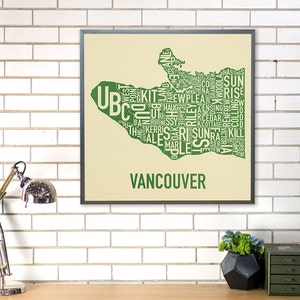 Affiche ou impression de carte de quartier de Vancouver, artiste original de type City Neighborhood Map Designs, Vancouver Typography Map Art