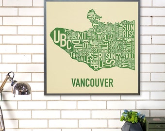 Vancouver Neighbourhood Map Poster or Print, Original Artist of Type City Neighborhood Map Designs, Vancouver Typography Map Art