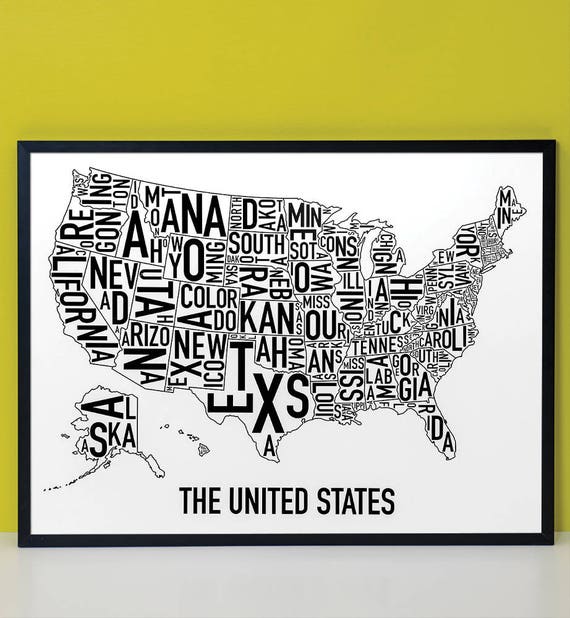 アメリカ合衆国のタイポグラフィ州地図ポスターまたはプリント、タイプ