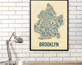 Brooklyn Neighborhood Map Poster, The Original Brooklyn New York Neighborhood Typographic City Map Design, Brooklyn Typography Map Artwork