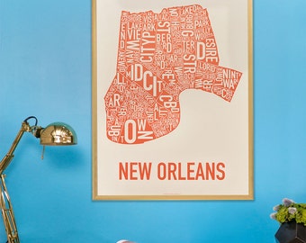 Affiche ou impression de carte de quartier de la Nouvelle-Orléans, artiste original de type City Neighborhood Map Designs, New Orleans Typography Map Art