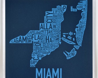 Miami Neighborhood Map Poster or Print, Original Artist of Type City Neighborhood Map Designs, Typography Map Art, Travel Gift